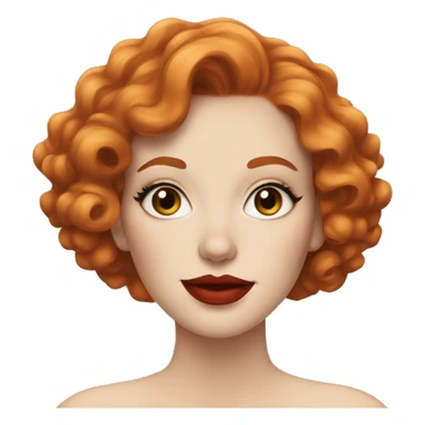 Pale Woman with short curly red hair, bright red lipstick and cat-eye makeup sticker