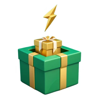 3D minimal open gift box with small floating icons coming out (envelope, lightning bolt, sparkle), matte finish, deep green (#0B3D2C) box, gold (#C9B037) icons, Apple style, ultra minimal, soft shadow, transparent background sticker