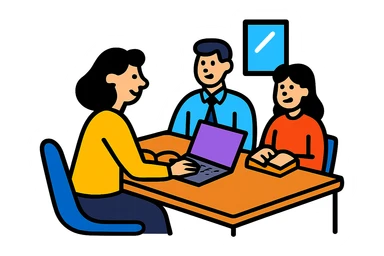 Add a laptop to the meeting office worker, keep the original style and transparent background. sticker