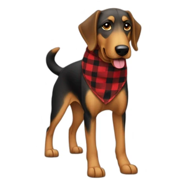 adult 75% Coonhound 25% German Shepherd mix dog with visible tail wearing small pointed red buffalo plaid bandana full body walking left quickly sticker