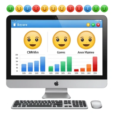 computer monitor displaying user avatars and charts, CRM software theme, emoji style sticker