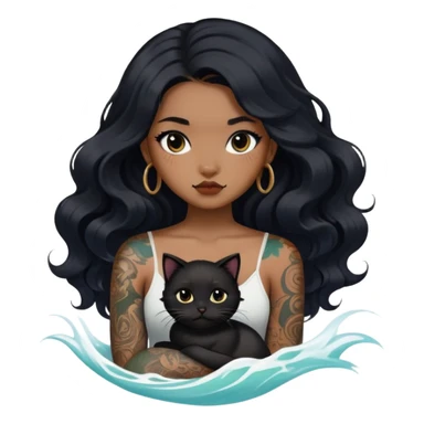 a Chinese girl with long black  Big Wave hair and tattoos and a black round faced cat sticker