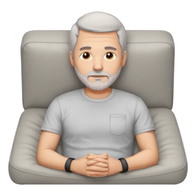 a 50 year man, short grey hair, stubble beard, laying on a ottoman of a light grey cord sofa, front view sticker
