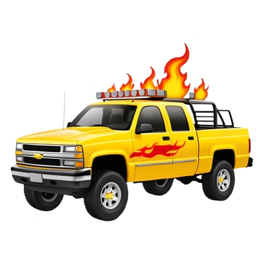 Bright yellow 1997 Chevy Silverado C-2500 Crew Cab with detailed red flame graphics on hood, 30-degree angle showing flames clearly, Kill Bill 'Pussy Wagon' truck, iOS emoji style sticker