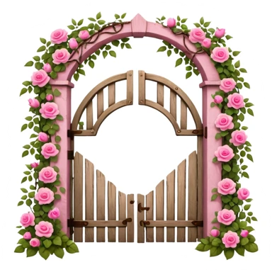 a garden's gate made of wood, with pink flowers all around it sticker
