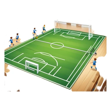 A mini-football match in an indoor sports hall with wooden flooring and clear field markings. The scene shows a vibrant game in action, with players positioned on the court, the goalposts visible, and the atmosphere filled with energy and focus. sticker