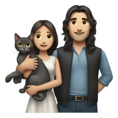 man with very long dark hair and brunette girl with grey cat in her arms sticker