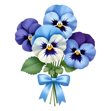 A charming bouquet of deep blue and pastel blue pansies, delicately arranged with hints of periwinkle and sky-blue blooms, wrapped in a pearl satin ribbon and placed in a crystal vase, reflecting soft light. sticker
