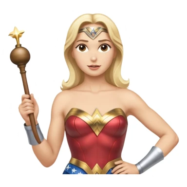 Blonde Wonder Woman holding short white orchestra conductor’s baton and bell sticker