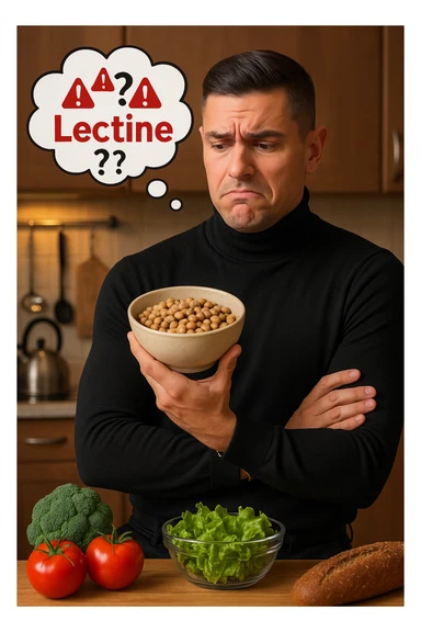 un uomo in cucina tiene in mano una ciotola di legumi (come fagioli o ceci) e li osserva con un’espressione dubbiosa e leggermente preoccupata. Sopra la ciotola, una nuvoletta di pensiero mostra la parola “Lectine” evidenziata in rosso, insieme a simboli di allarme o punti interrogativi. Sullo sfondo, altri alimenti salutari sono visibili sul tavolo, sottolineando il suo scetticismo verso i legumi. sticker