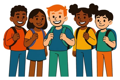 Edit the group of 5 school students in vibrant toon style with a transparent background. sticker