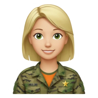 Apple-style emoji: female soldier, bust, no cap/helmet, friendly smile, generic camo top, blonde hair sticker