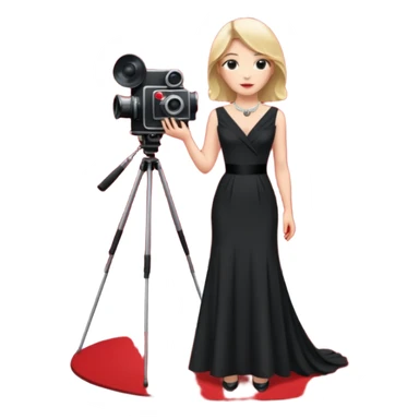 an actress standing on a red carpet with a formal dress, with a film camera next to her. sticker