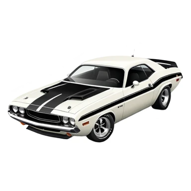 White 1971 Dodge Challenger muscle car with black racing stripes, minimalist style, vintage American muscle car, similar to the one from Death Proof movie sticker