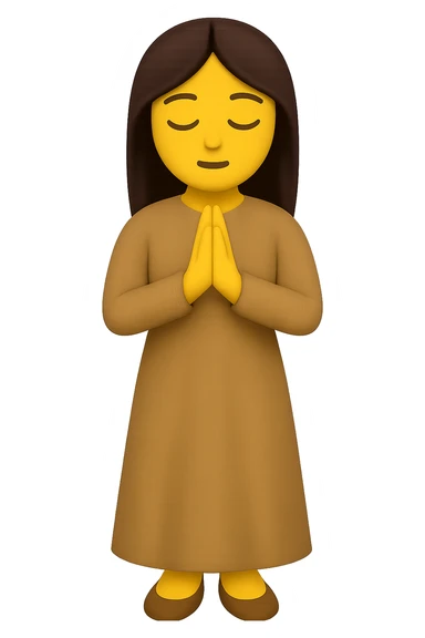 Show the woman standing and praying from the front view, wearing a long tan dress, with dark brown hair, in emoji style. Remove the background. sticker
