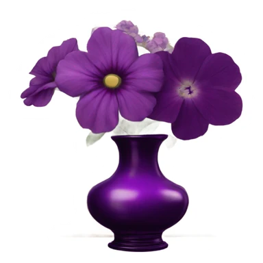 An aesthetic arrangement of a violet vintage book and dark magenta flowers in a light violet glass vase, surrounded by antique letters sticker