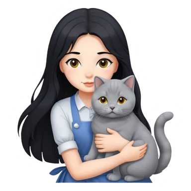 A beautiful girl with long black hair wearing an apron dress hugs a British Shorthair sticker