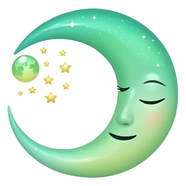 sparkly glossy pastel green-gradient crescent moon, no face sticker