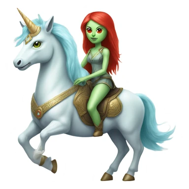 [politically incorrect
	{ woman: alien, color: light green, hair:red, eyes:cat} ]
	on a 
	[{ unicorn: white, legged:four, mane: light blue }] sticker