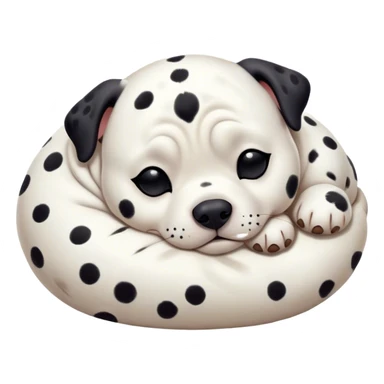 Cinematic Chubby Sleeping Dalmatian Portrait Emoji, Chubby and serene, with a round, plump build and a glossy white coat adorned with distinctive black spots, eyes gently closed in peaceful slumber, Simplified yet irresistibly endearing features, highly detailed, glowing with a gentle, dreamy glow, high shine, relaxed and content, stylized with a touch of whimsy, bright and heartwarming, soft glowing outline, capturing the essence of a blissfully sleepy companion, so comically serene it feels like it could roll out of the screen and snore with adorable charm! sticker