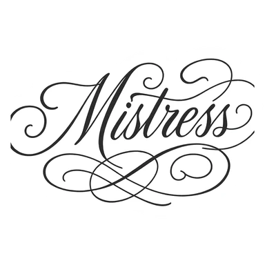 the word 'mistress' in an ornate calligraphy style, with decorative swashes and a luxurious feel, no background sticker