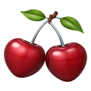 A pair of cherries emoji made of polished silver chrome, smooth rounded shapes, glossy metallic finish, soft highlights and reflections, cute proportions, iOS emoji style, centered, clean white background, no text sticker
