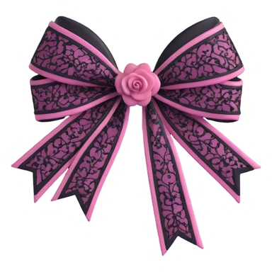 3D emoji style pink bow with gothic effect, black lace overlay, silver cross charm, and dark rose center sticker