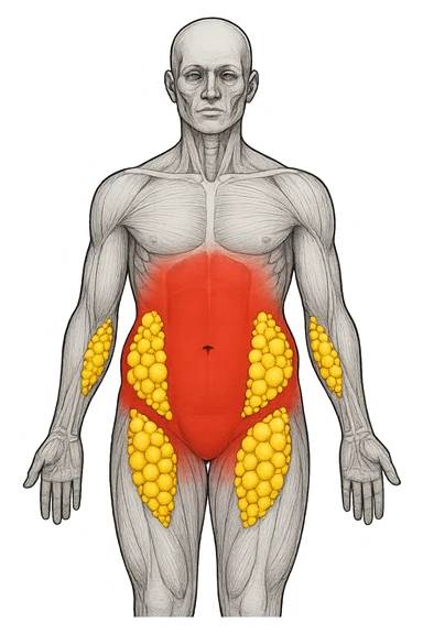 corpo umano anatomico con addome e fianchi segnati in rosso, grappoli di cellule adipose gialle su fianchi e addome sticker
