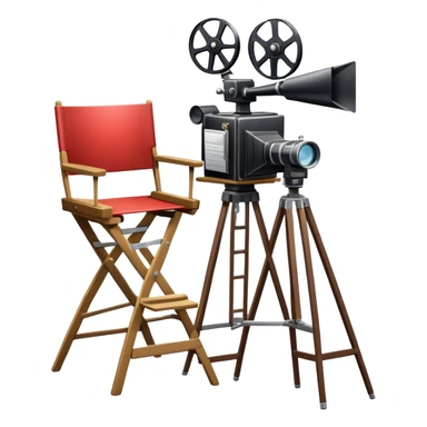 Icon for Directing: a director's chair, a film clapperboard, large movie camera and a stage with a spotlight. The icon should represent the creative and organizational aspects of directing, with focus on storytelling, staging, and performance. Transparent background. sticker