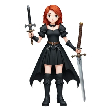 redhead goth girl in beautiful dress, large boots, holding medieval sword sticker