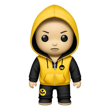 voodoo doll wearing wu-tang clan yellow and black hoodie with W logo sticker