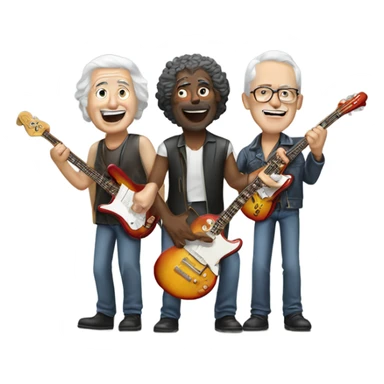 Three older white musicians jamming. one on a Gibson guitar, one on a Fender bass and one on a drum sticker
