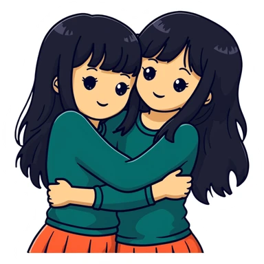 two white girls with long black hair hugging each other, one with bangs sticker