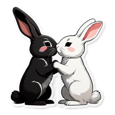 Black rabbit and white rabbit touching noses sticker
