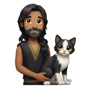 An Indian boy with a beard and long black hair holding A kitten with black ears sticker