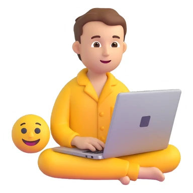 man in pajamas working on a laptop, emoji style sticker