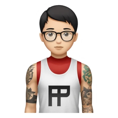 A young boy with A macbook laptop, black straight short hair, wearing glasses, wearing a tanktop, has tattoos, he is asian

Add the letters "P I F" floating around sticker