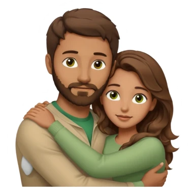 a man with short brown hair and brown beard with brown eyes and a girl with long brown wavy hair with green eyes, togheter. Beige clothes, hugged each other sticker