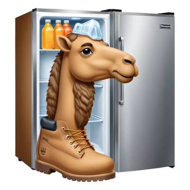 A desert camel head and neck attached to a stainless steel refrigerator body with ice dispenser, wearing classic Timberland-style work boots sticker