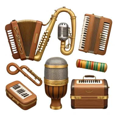 Create a colorful and cultural humanless emoji representing folk singing. The design should feature a collage of flowing design around a vintage microphone and traditional folk instruments, such as a wooden flute (dudka), a button accordion (harmon), a set of gusli, and a tambourine (buben), all arranged in a harmonious. The instruments should have earthy, natural tones like wood browns, brass accents, and vibrant colors reflecting their folk origins. Add subtle musical notes to tie the elements together, symbolizing the power of folk music. The background should be transparent. sticker