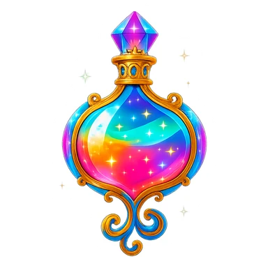 premium class crystal elixir bottle in colorful chewing gum style, bright colors, lots of glow, edges, ornaments, golden details, magical effects, very small golden neck, transparent background, beautiful connected bottom, clearly floating in air, no base or shadow, very luxurious, playful, matching the collection sticker