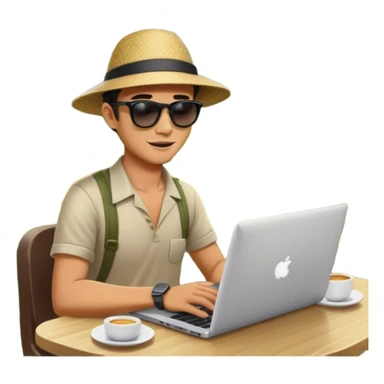 A digital nomad sits at a café in Bali, working on a laptop surrounded by lush green rice terraces and swaying palm trees sticker