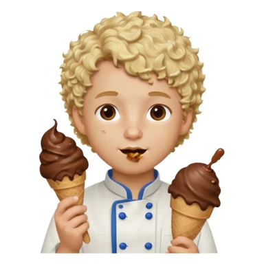 boy blonde curly hair, chef, eating chocolate ice cream sticker