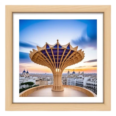 Cinematic Realistic Metropol Parasol Landmark Emoji, depicted with a modern wooden structure set against a vibrant cityscape rendered with detailed textures and dynamic, contemporary lighting. sticker