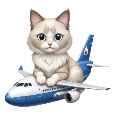 Cute ragdoll cat on an airplane. Should sit on top of the plane, cat is way bigger than airplane. Can you make the plane cooler like airbus a380 and the cat a bit happier? I liked the first and last pic out of these. Cat should be ragdoll with white and grey just like these sticker