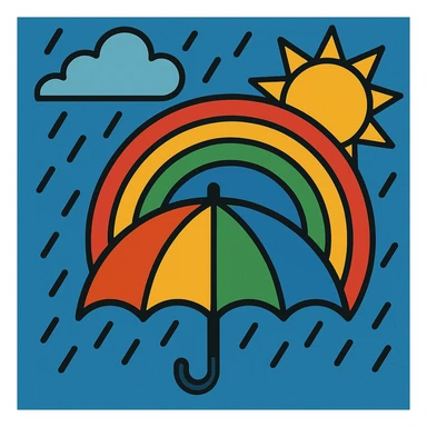 symbolic image of an umbrella under the rain with a rainbow and the sun coming out, inspired by the saying 'after the storm always comes the sun' sticker
