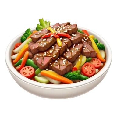 Cinematic Realistic Bulgogi Dish Emoji, featuring tender, marinated beef stir-fried with vegetables rendered with dynamic textures and mouth-watering lighting. sticker