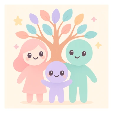 a family of three figures standing together, their bodies and arms forming the trunk and branches of a tree, warm inviting style sticker