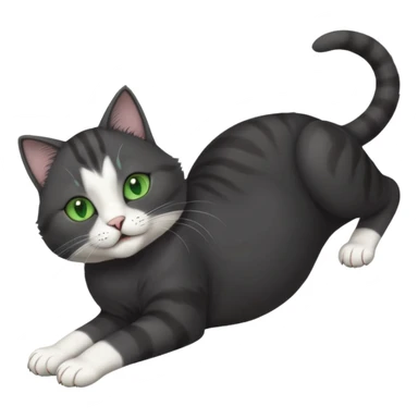 beautiful female solid dark grey cat with green eyes, white toes/paws and white patch on her chest playfully rolling upside down sticker