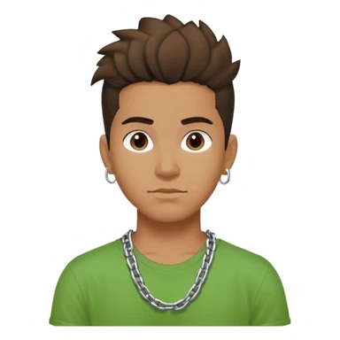 Young Latino male, hair up, with a simple chain and green T-shirt sticker